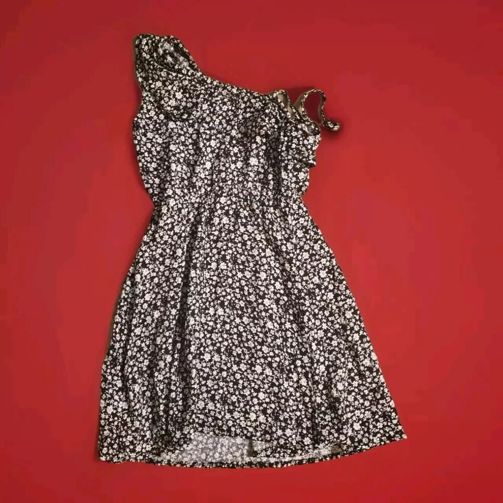 Vintage Kids Dress Size 8 Floral Top Black And White One Shoulder 1 Strap
